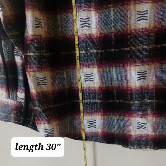 PacSun Womens Medium Burgundy Yellow "Care Free" Patch Plaid Flannel Button Up - Picture 9 of 11